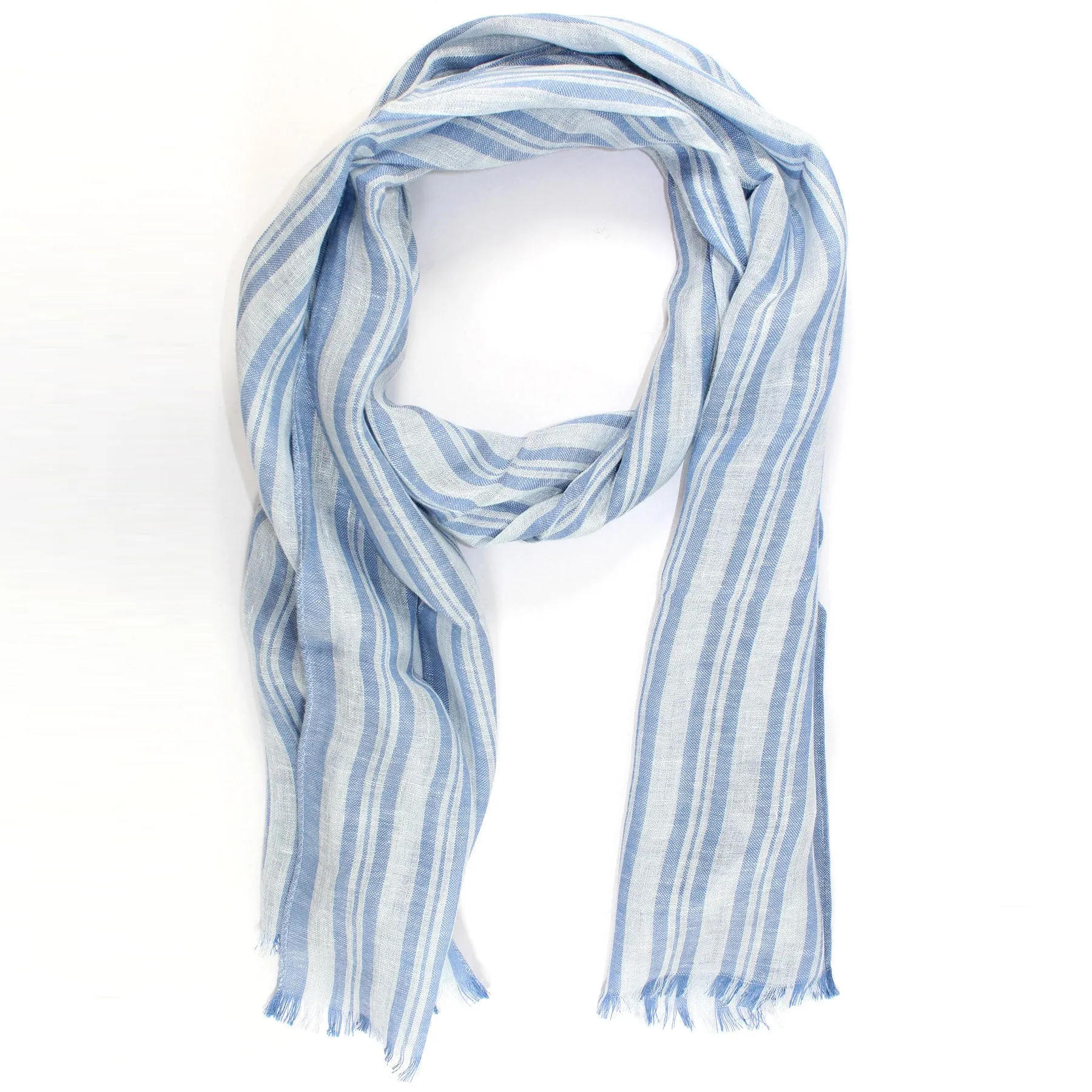 Agnona Scarf Dark Blue White Stripes Design - Linen Silk Shawl FINAL SALE