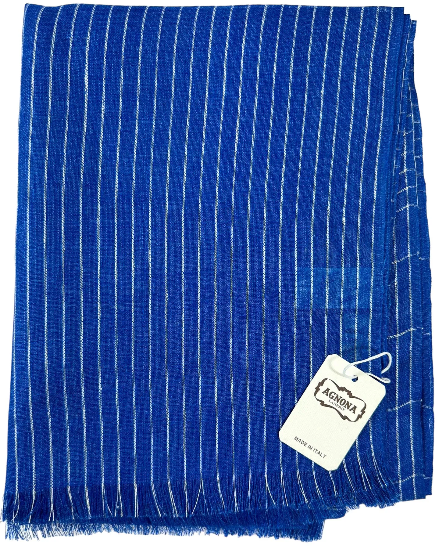 Agnona Scarf Royal Blue White Stripes - Luxury Linen Silk Cashmere Shawl BLACK FRIDAY SALE