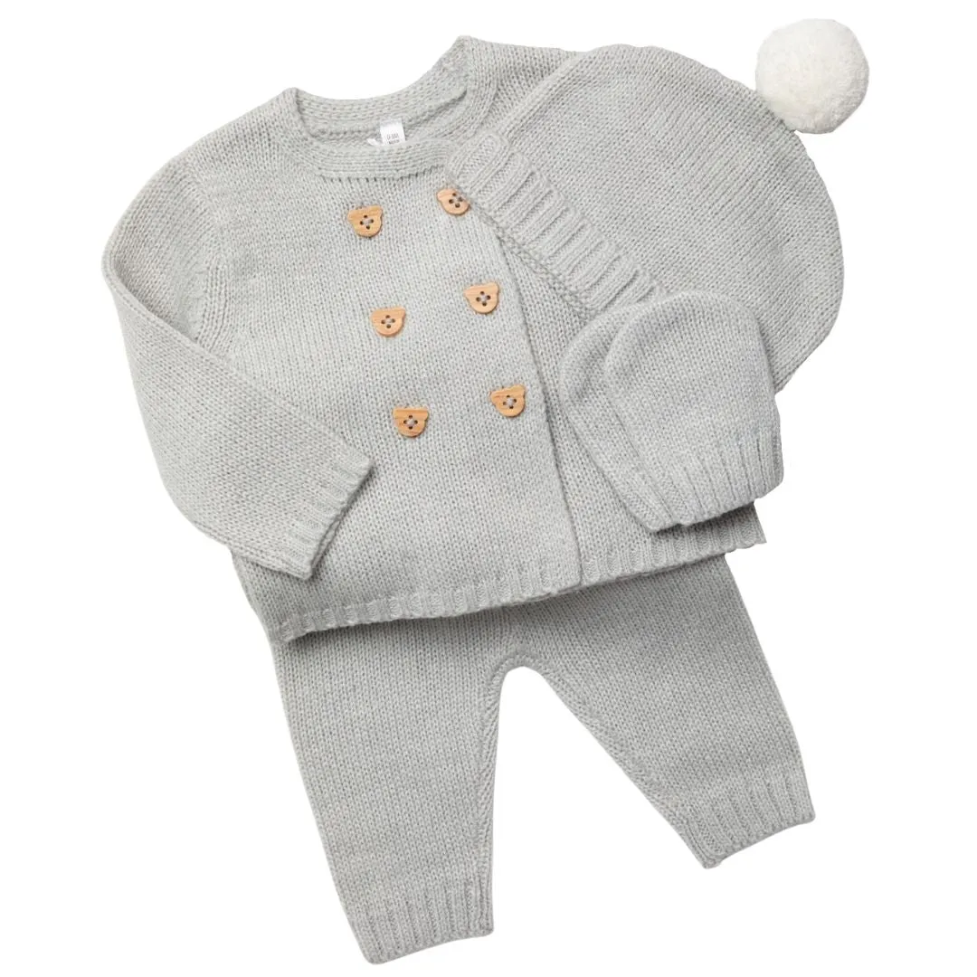 Baby Clothing Knitted Gift Set Grey With Bear Buttons