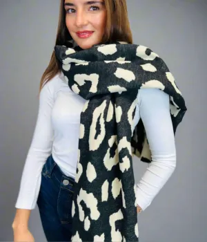 Black Leopard Print Cashmere Blend Scarf