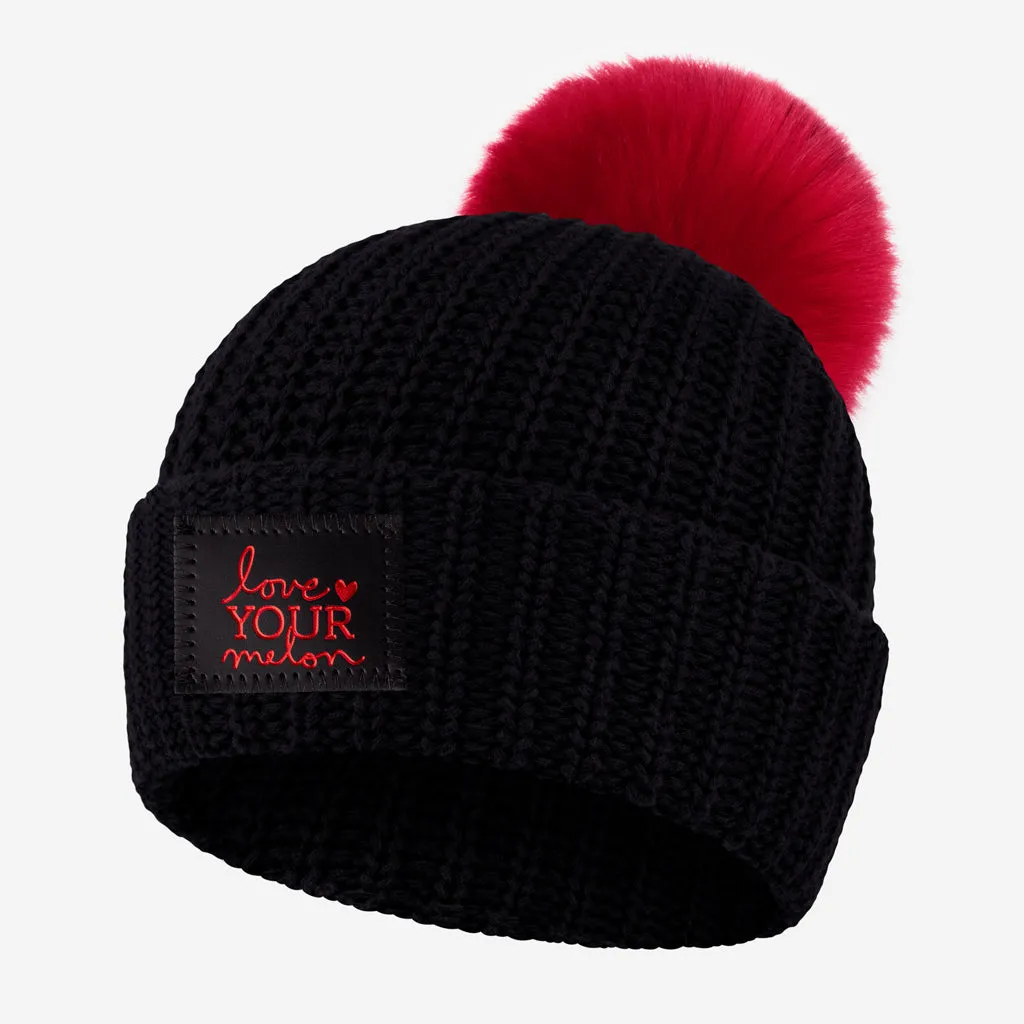 Black Red Foil Pom Beanie