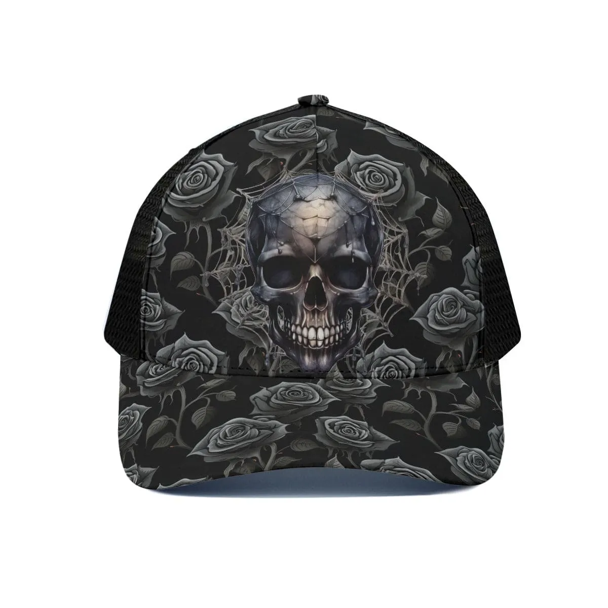 Black Roses With Spider Web Skull Unisex Trucker Hat With Black Half-mesh