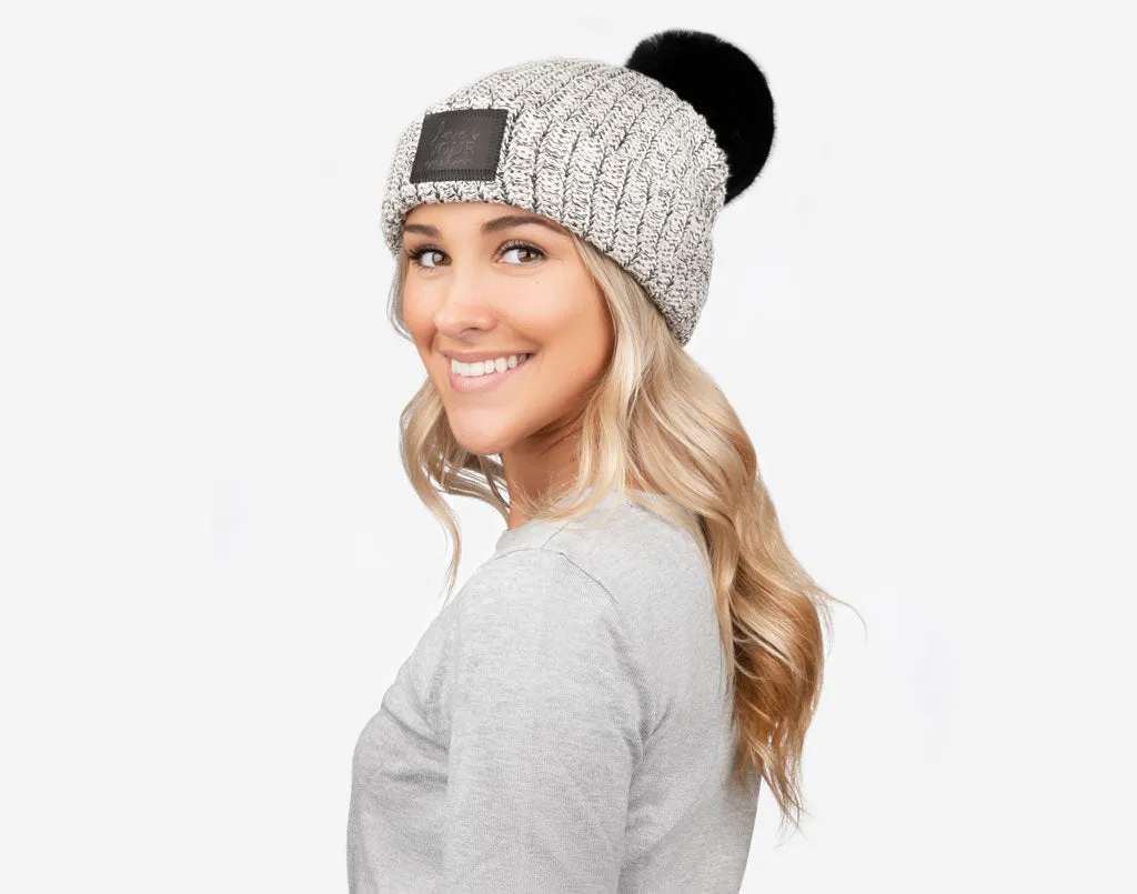 Black Speckled Pom Beanie (Black Leather Patch)