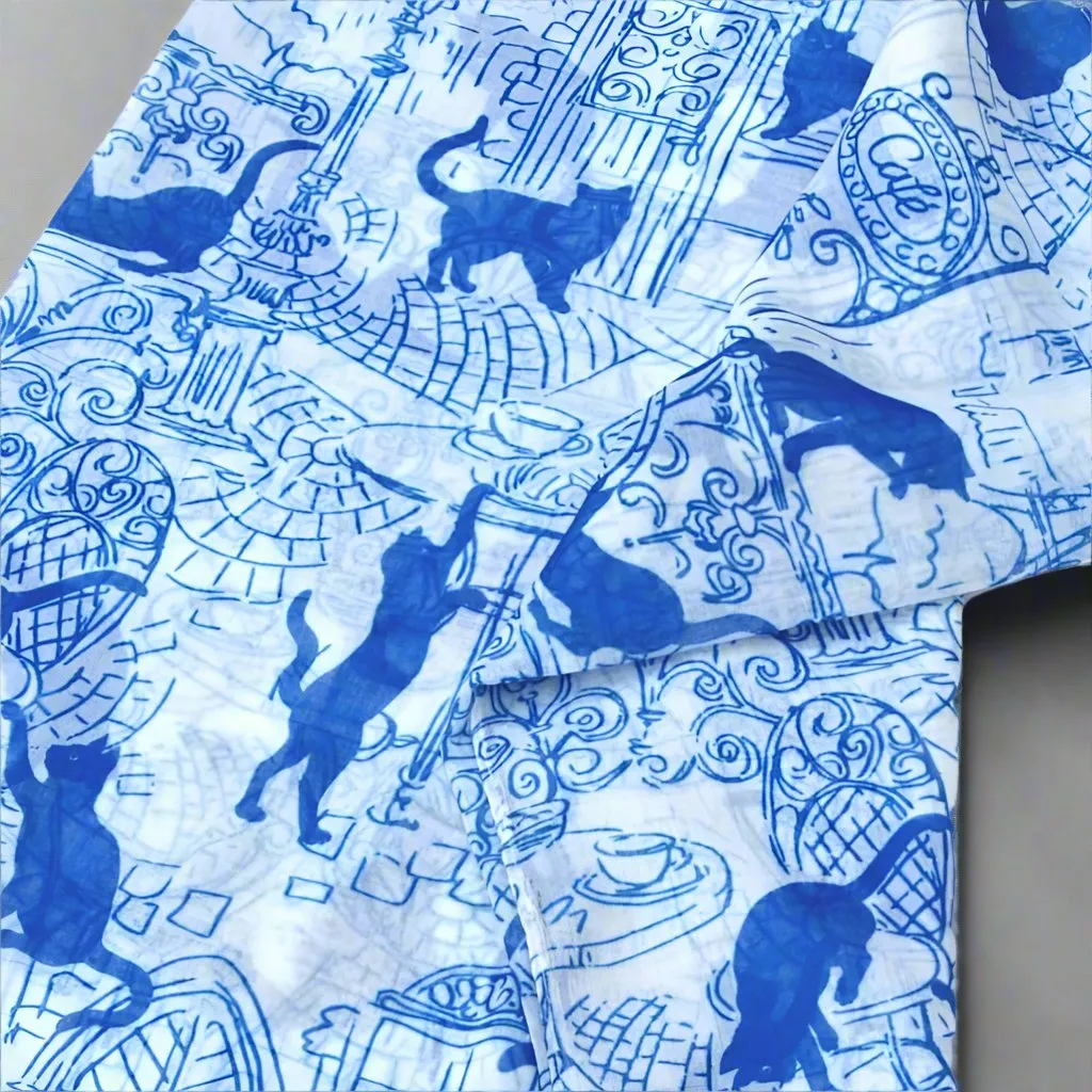 Blue & White Cafe Cats Scarf