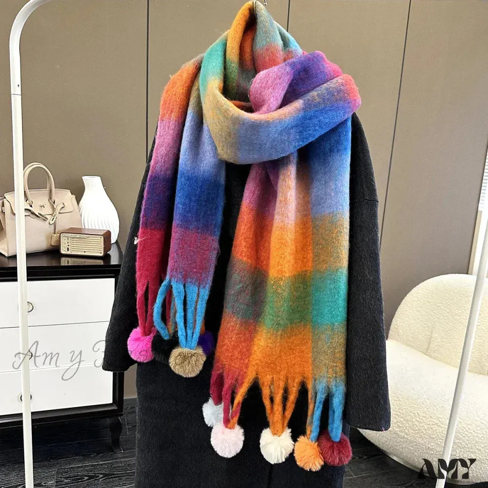 Cashmere Thick Warm Blanket Colorful Plaid with Long Tassels Soft Wrap Scarf