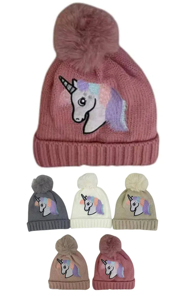 DBHK3928 Kids Unicorn Winter Knit PomPom Hats