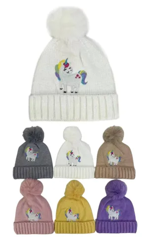 DBHK3941 Kids Unicorn Winter Knit PomPom Hats