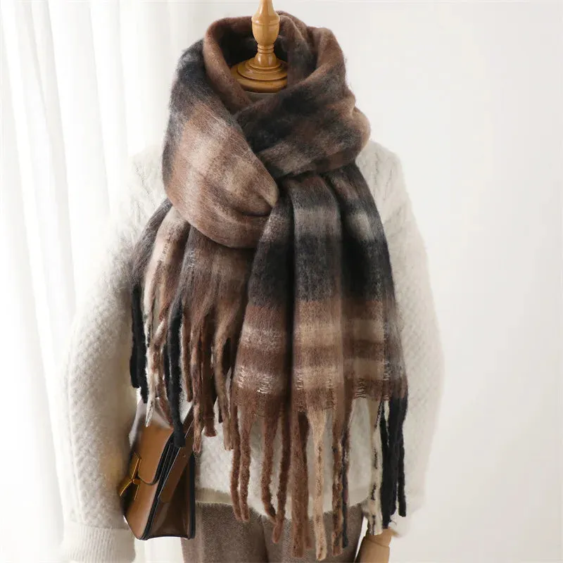 Fashion Plaid Striped Imitate Cashmere Outdoor Keep Warm Soft Thick Woman Scarf