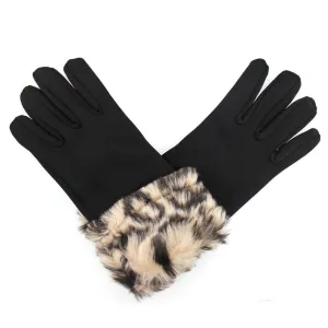 Faux Fur Leopard Print Cuff Glove-Black