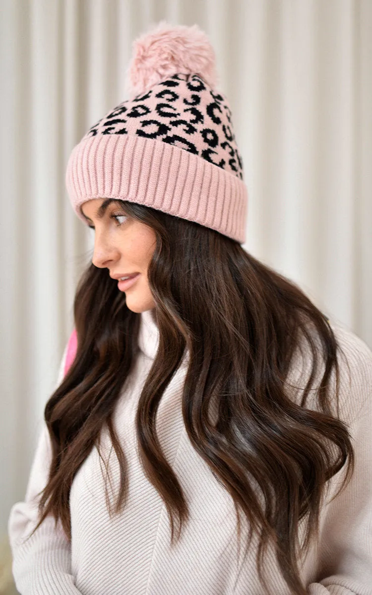 Faux Fur Lined Beanie Leopard Hat