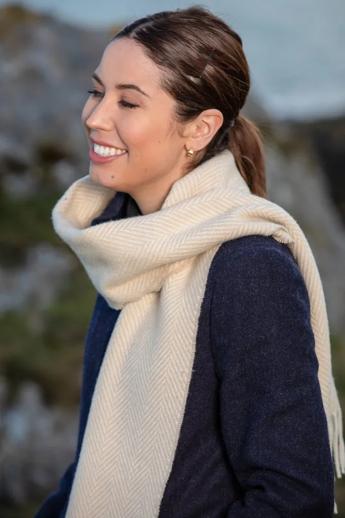 Foxford Cashmere Scarf | Bone White Herringbone