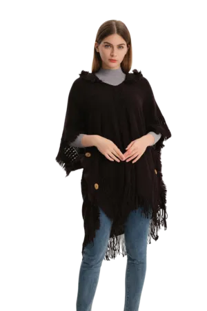 Fringe Hem Hooded Poncho