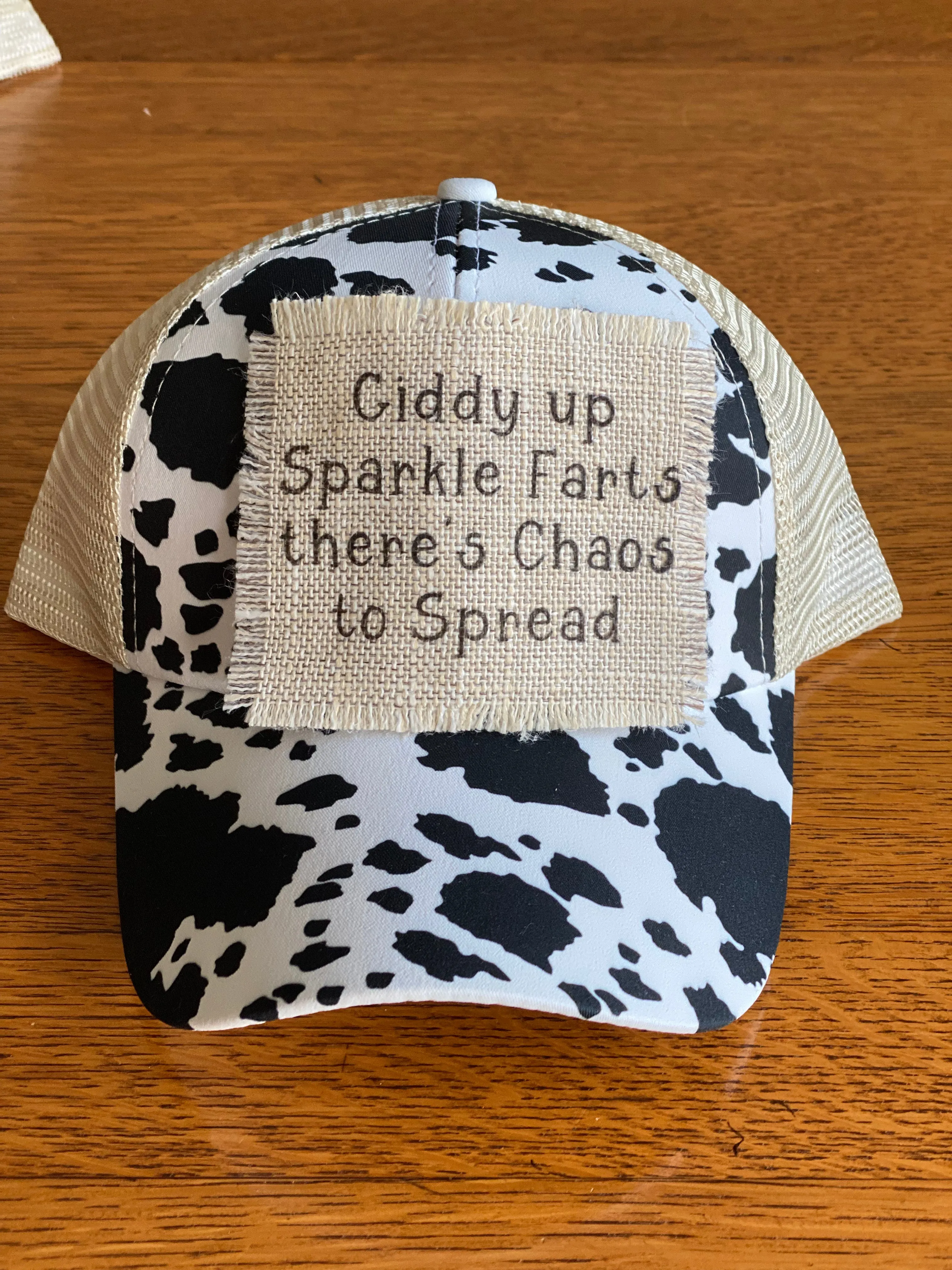 Giddy Up Sparkle Farts There's Chaos To Spread Mesh Trucker Ponytail Baseball Hat Cap with Raggedy Patch