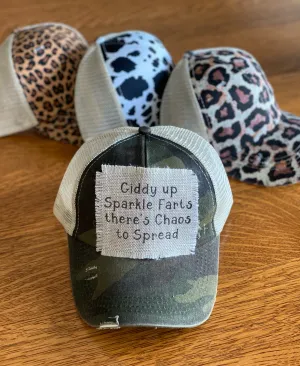 Giddy Up Sparkle Farts There's Chaos To Spread Mesh Trucker Ponytail Baseball Hat Cap with Raggedy Patch