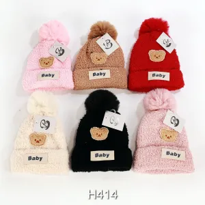 Kids Boys Girls Animal Bear Winter Warm Hats Caps Lining W/Pom, H414