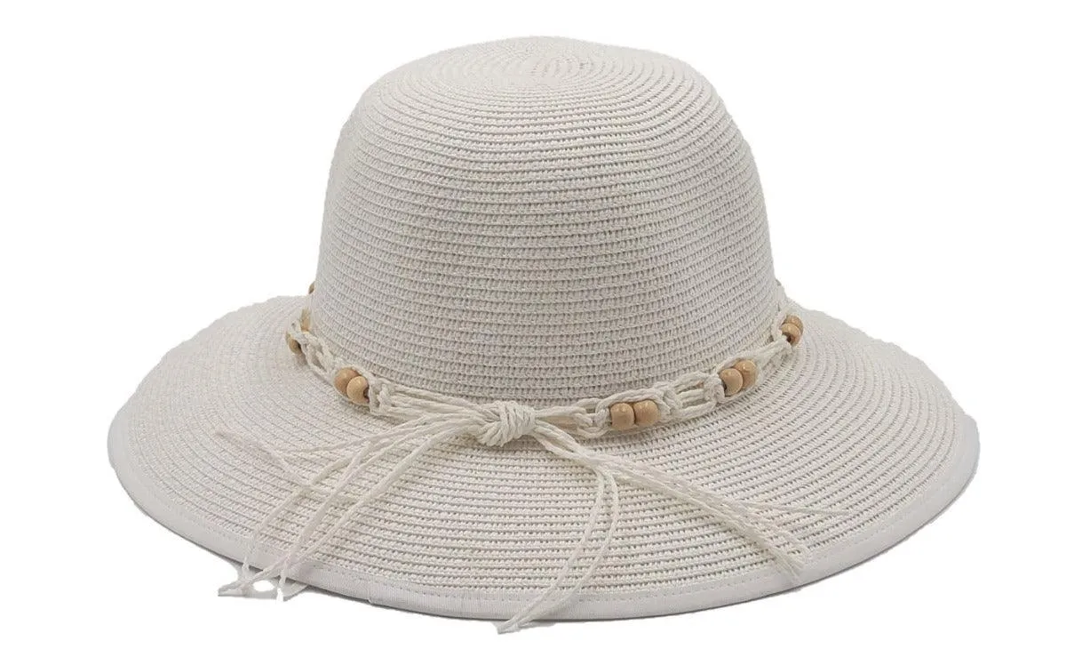 L2203-CLOUD Wide Brim Ladies Hat with Cord Boho Trim