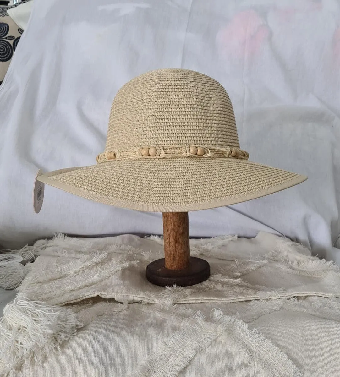 L2203-CLOUD Wide Brim Ladies Hat with Cord Boho Trim