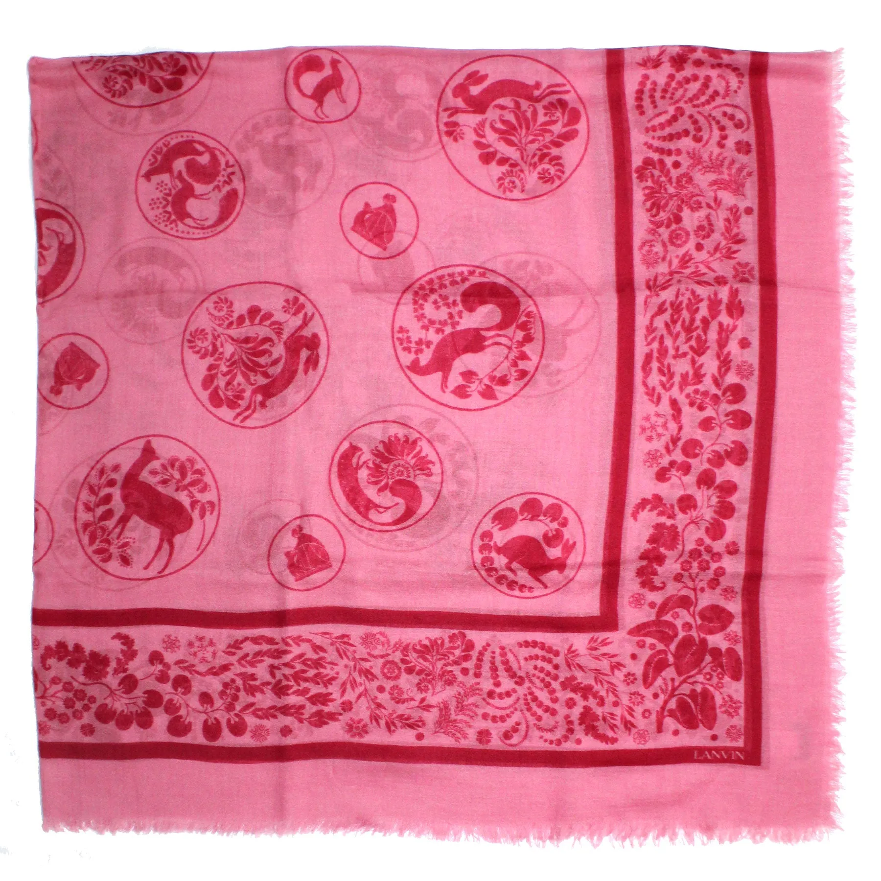 Lanvin Scarf Pink Floral & Animals - Extra Large Square Wool Shawl