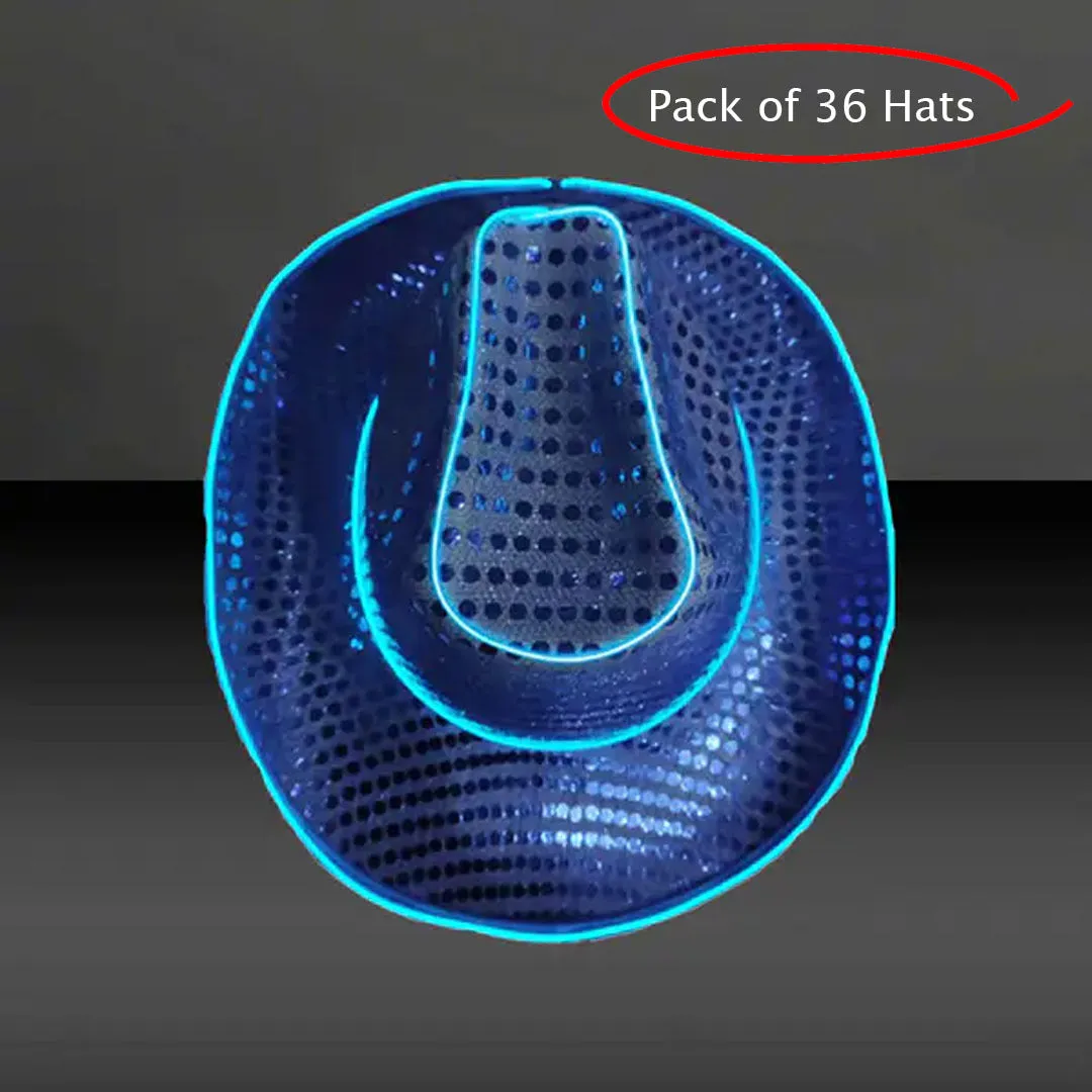 LED Flashing EL Wire Blue Sequin Cowboy Party Hat - Pack of 36 Hats