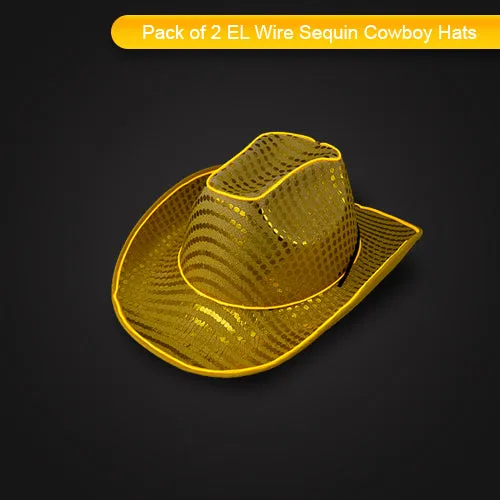 LED Flashing Gold EL Wire Sequin Cowboy Party Hat - Pack of 2 Hats