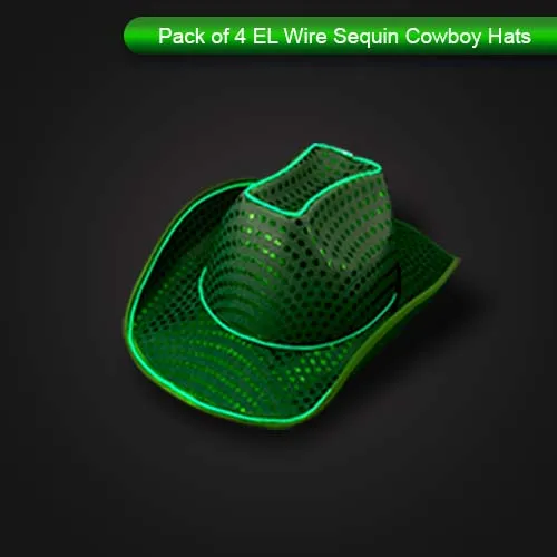 LED Flashing Green EL Wire Sequin Cowboy Party Hat - Pack of 4 Hats