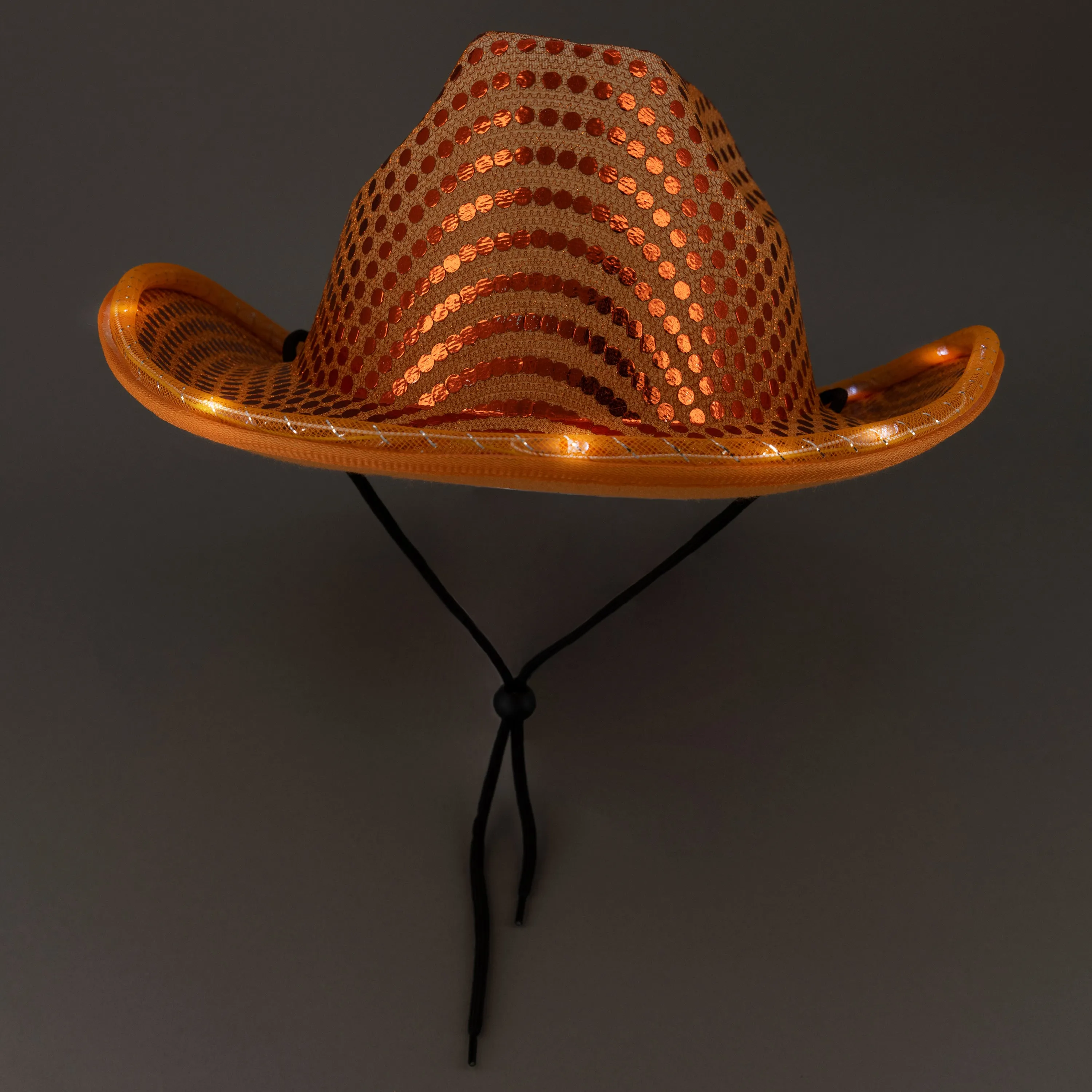 LED Flashing Orange Cowboy Hat With Sequins Pack of 2