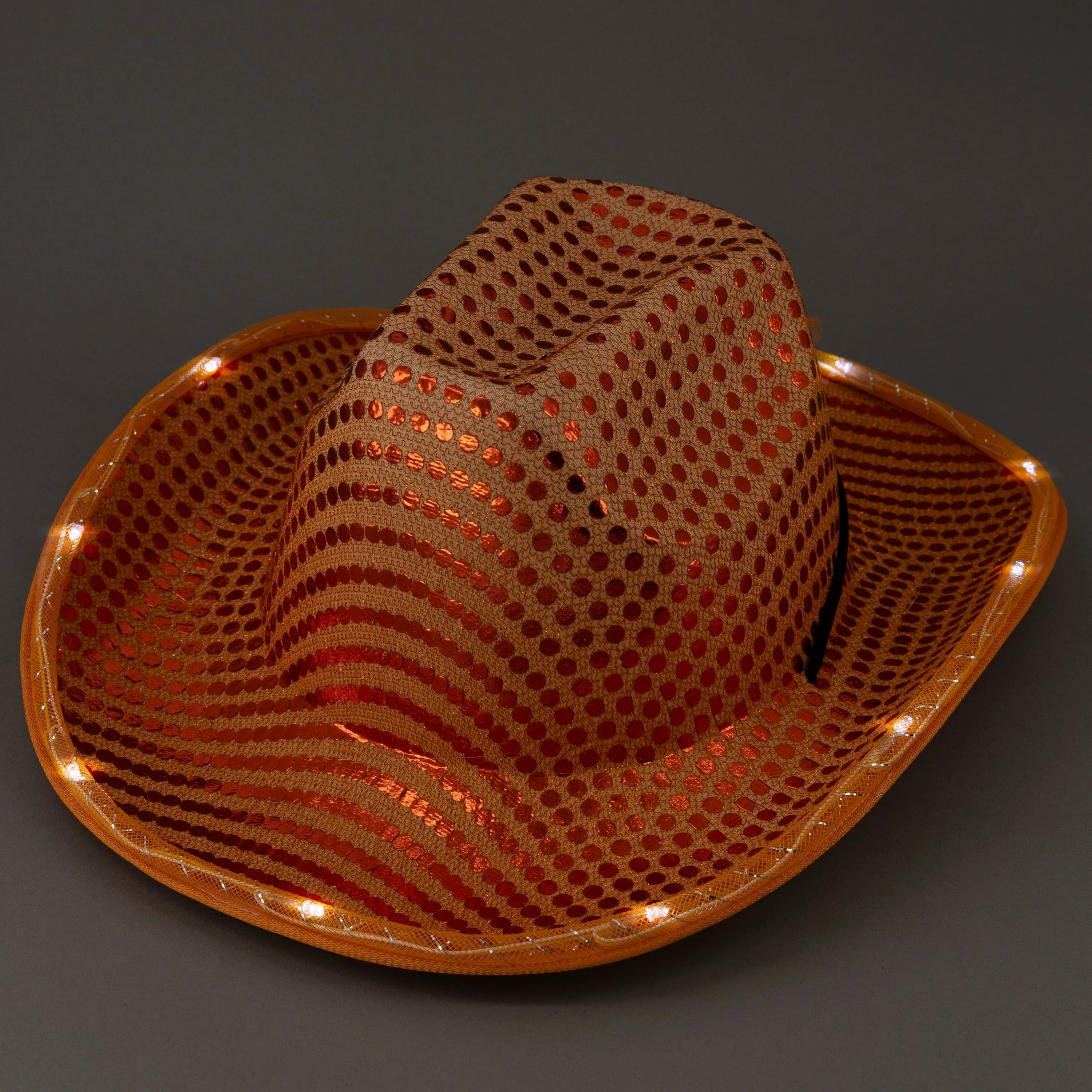 LED Flashing Orange Cowboy Hat With Sequins Pack of 2