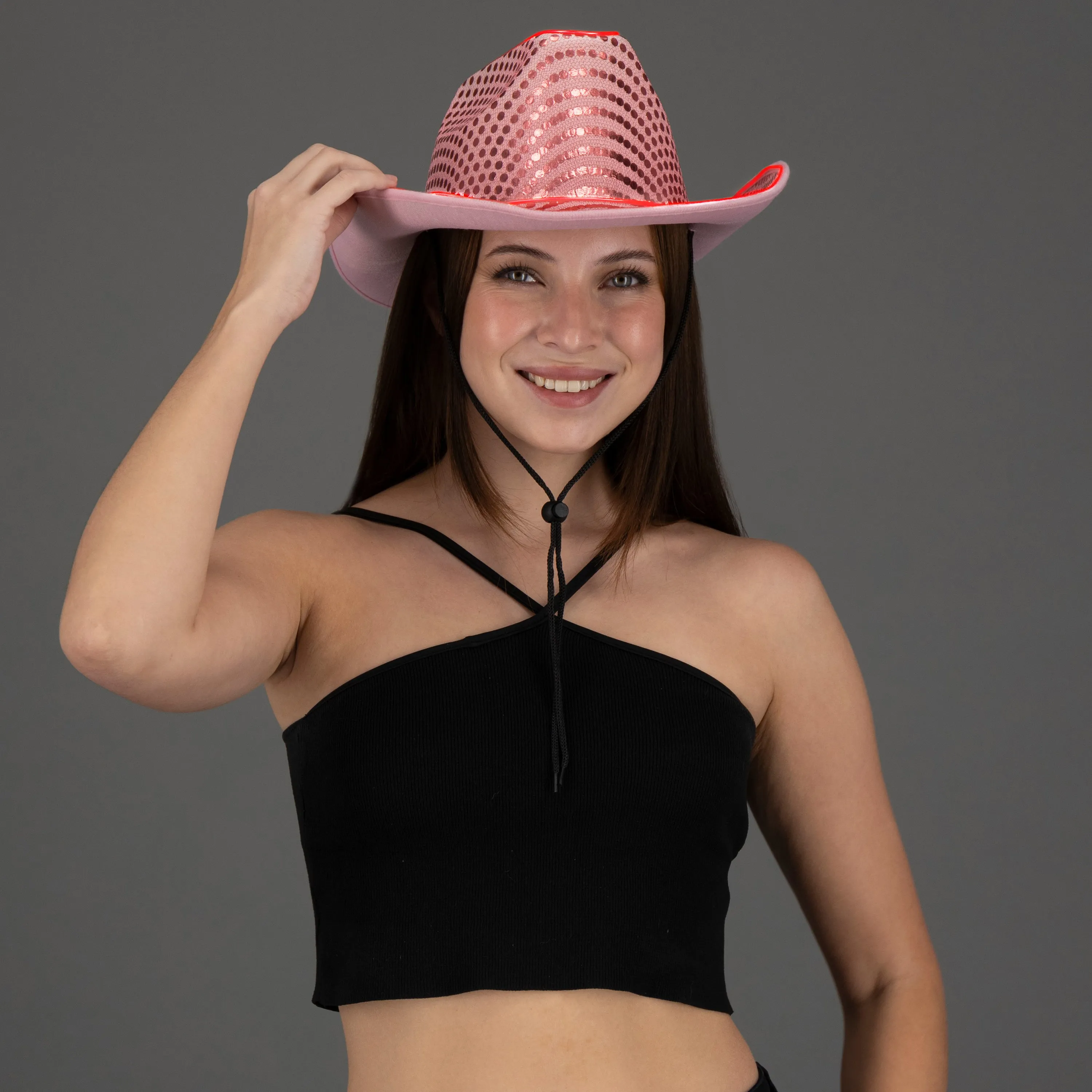 LED Flashing Pink EL Wire Sequin Cowboy Party Hat - Pack of 72 Hats