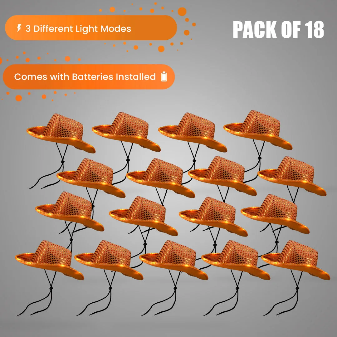 LED Light Up Flashing Sequin Orange Cowboy Hat - Pack of 18 Hats