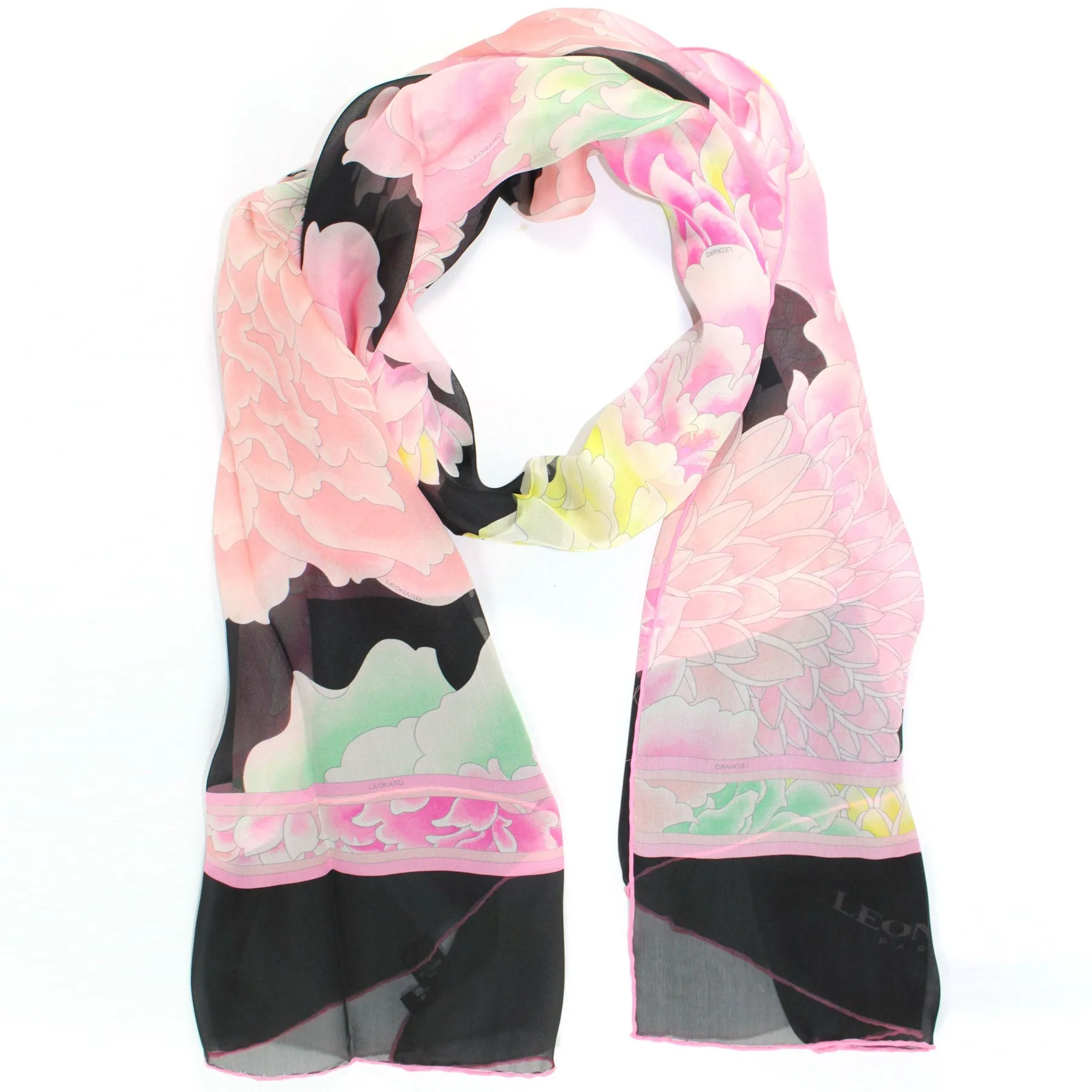 Leonard Paris Scarf Black Pink Floral - Chiffon Silk Shawl SALE