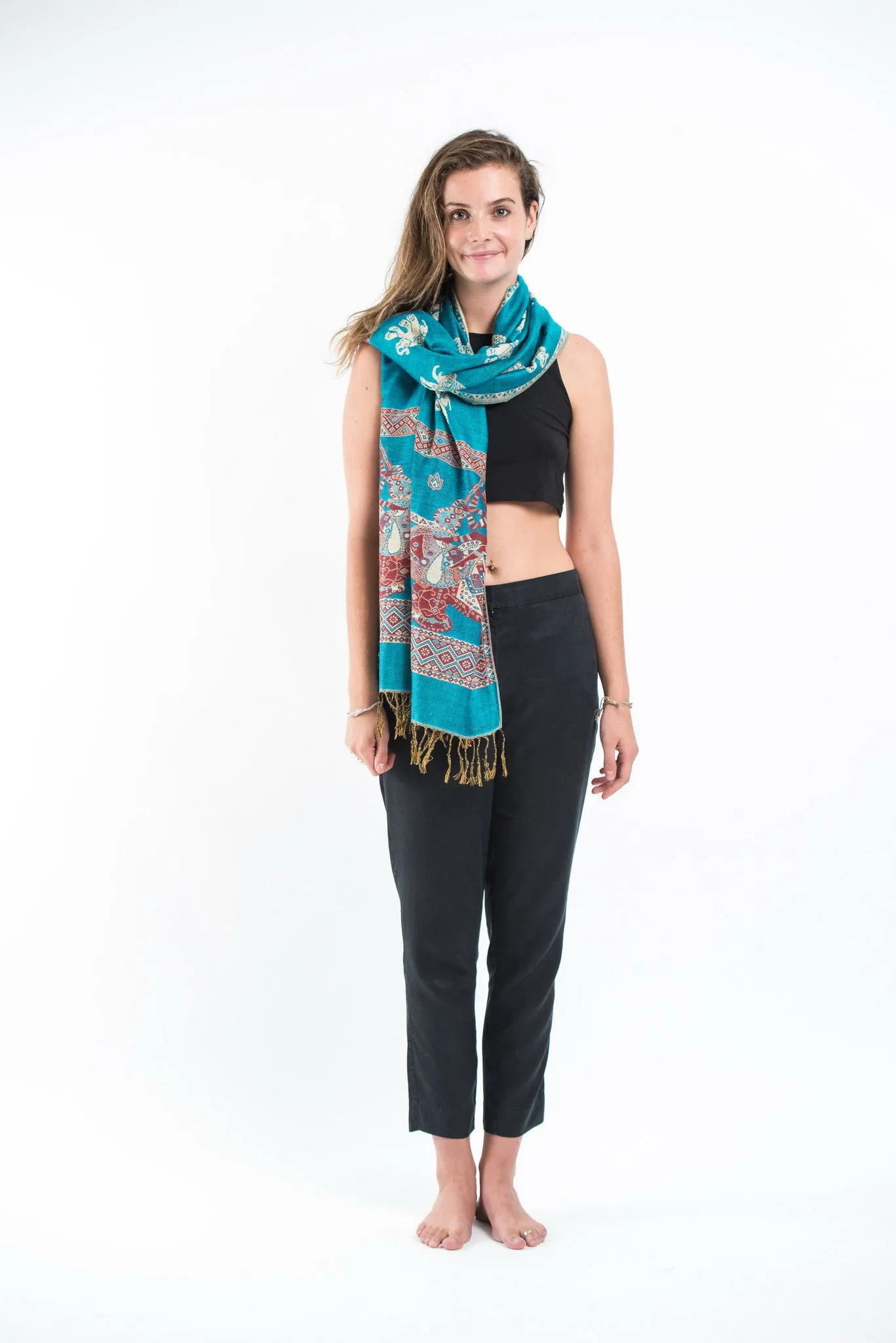 Nepal Elephant Pashmina Shawl Scarf in Blue