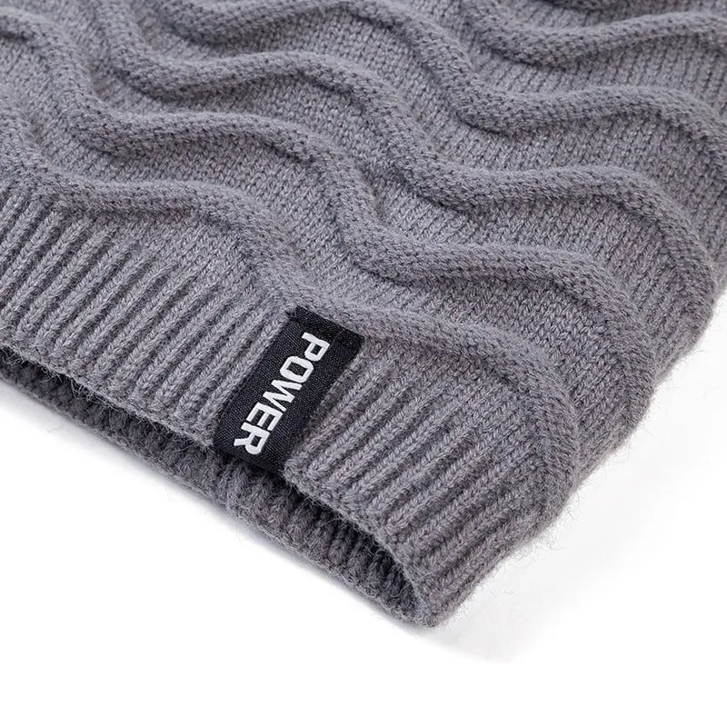 POWER Label Winter Wave Design Fur Lined Warm Ski Beanie Outdoor Knitted Woolen Warm Winter Cap