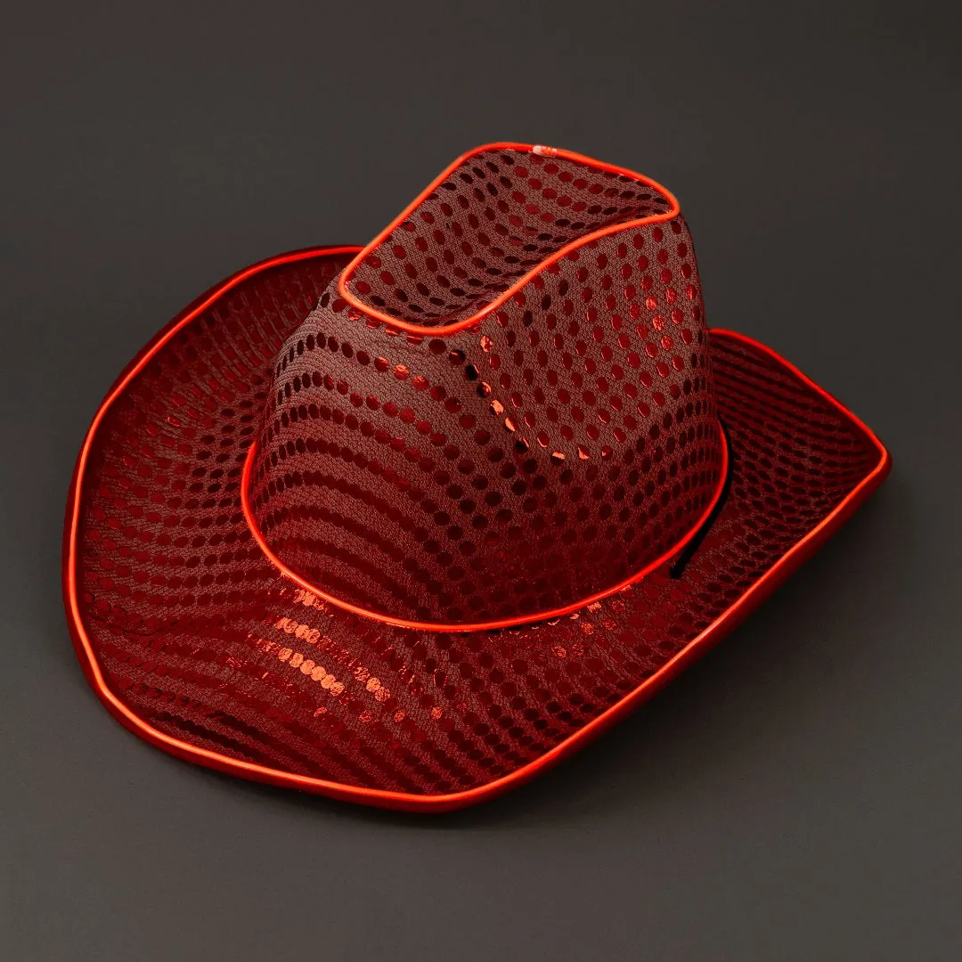 Red LED Flashing EL Wire Sequin Cowboy Party Hat - Pack of 24 Hats