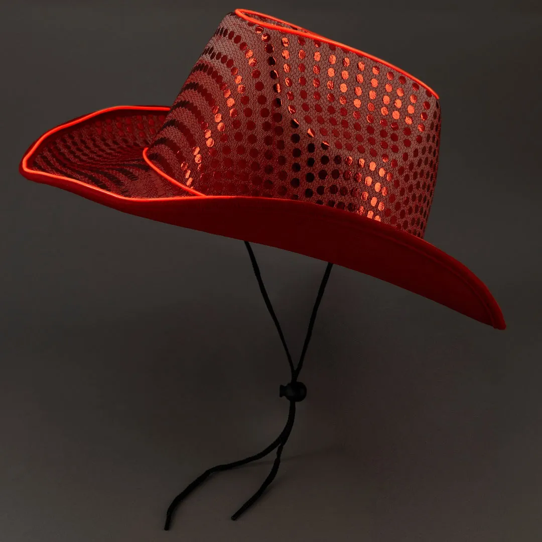 Red LED Flashing EL Wire Sequin Cowboy Party Hat - Pack of 24 Hats