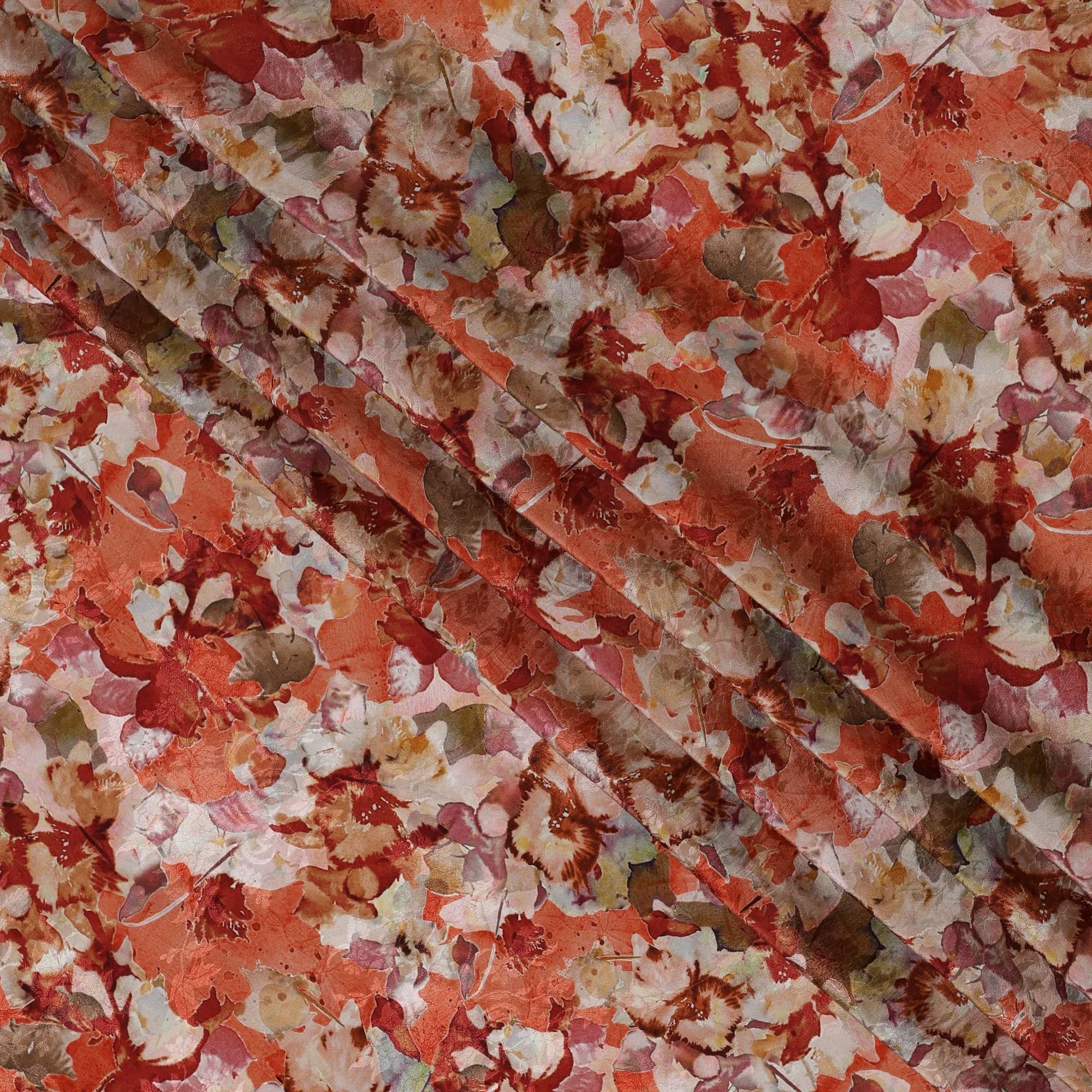 Terracotta and Cream Viscose Crepe Printed Fabric with Floral Design, 110 cm Width-D20461