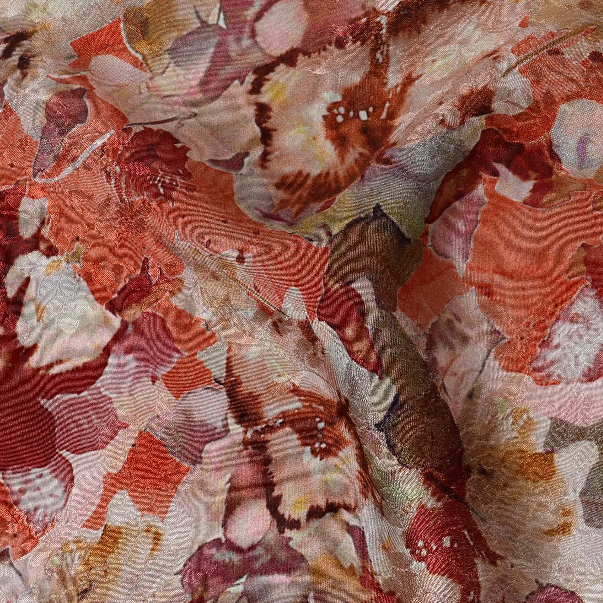 Terracotta and Cream Viscose Crepe Printed Fabric with Floral Design, 110 cm Width-D20461