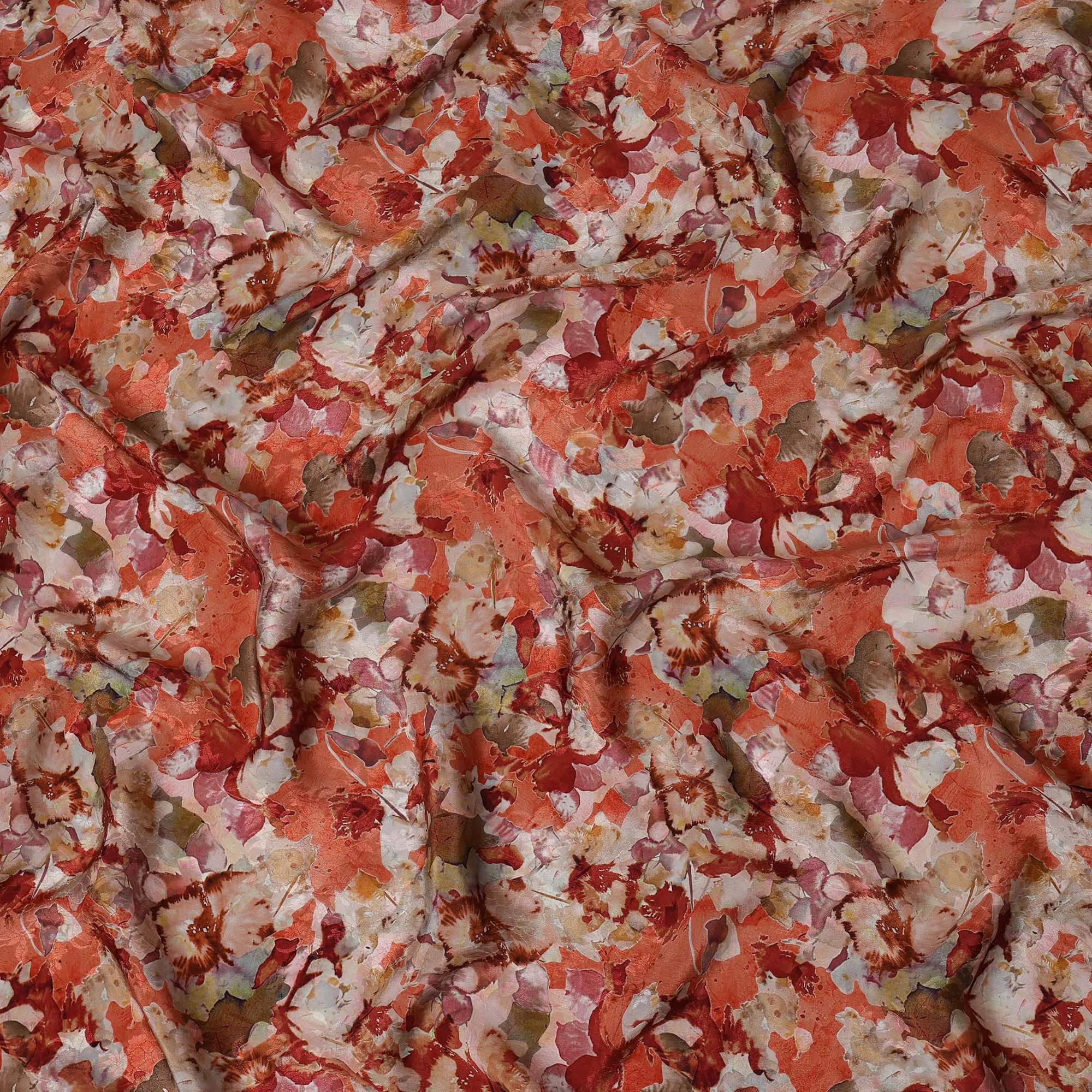 Terracotta and Cream Viscose Crepe Printed Fabric with Floral Design, 110 cm Width-D20461