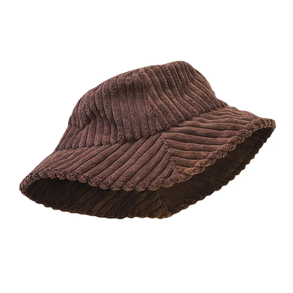 Unisex Corduroy Stripes Pattern Solid Color Warm Ear Protection Couple Hat Bucket Hat