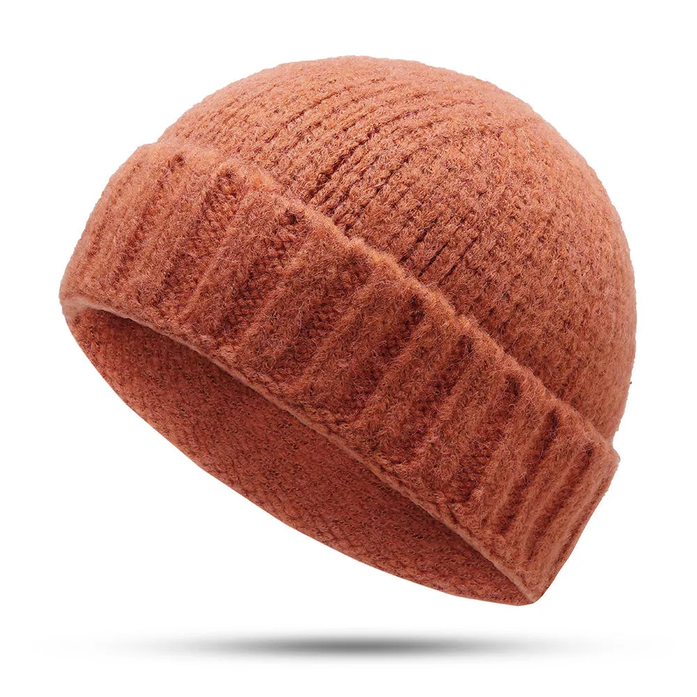 Unisex Hand Crochet Thick Warm Knit Plain Brimless Hats Outdoor Casual Skullcap