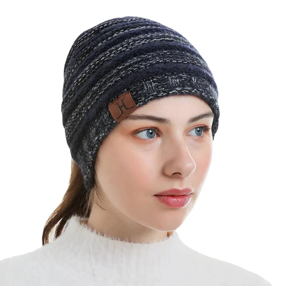 Unisex Wool Stripe Pattern Keep Warm Empty Top Ear Protection Knitted Hat