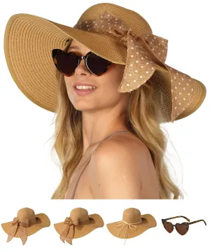 Wide Brim Sun Hats for Women - Floppy Straw Hat with Heart Shape Glasses - Foldable Large Summer Hat - Big Roll Up Beach Cap - UPF 50  ( Khaki ) - FUNCREDIBLE