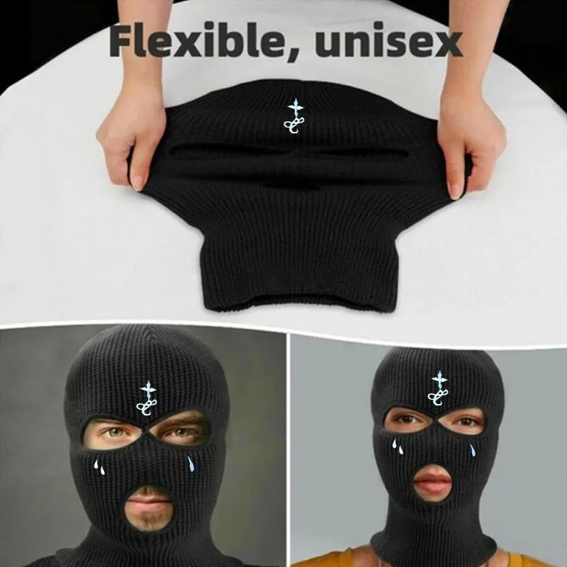 Winter Balaclava Hat 3-Hole Knitted Full Face Cover Ski Neck Gaiter Warm Knit Beanie for Outdoor Sports Cross Embroidery Ski Mas