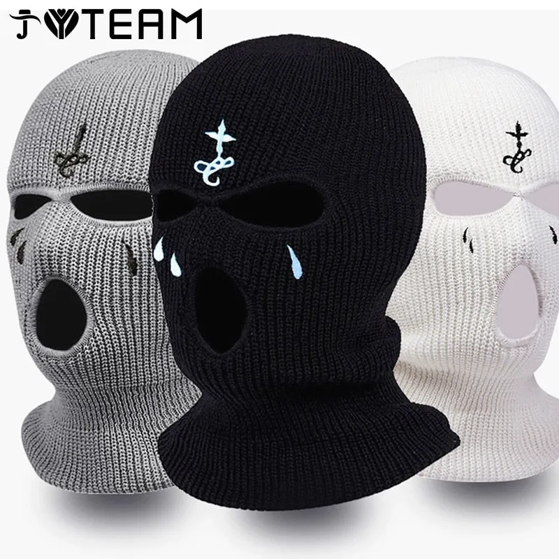 Winter Balaclava Hat 3-Hole Knitted Full Face Cover Ski Neck Gaiter Warm Knit Beanie for Outdoor Sports Cross Embroidery Ski Mas