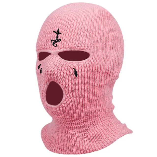 Winter Balaclava Hat 3-Hole Knitted Full Face Cover Ski Neck Gaiter Warm Knit Beanie for Outdoor Sports Cross Embroidery Ski Mas