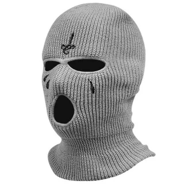 Winter Balaclava Hat 3-Hole Knitted Full Face Cover Ski Neck Gaiter Warm Knit Beanie for Outdoor Sports Cross Embroidery Ski Mas