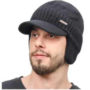 Winter Beanie w/Visor & Earflaps for Men Outdoor Fleece Hat Scarf Set