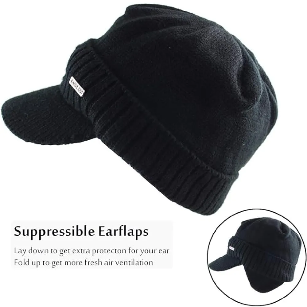 Winter Beanie w/Visor & Earflaps for Men Outdoor Fleece Hat Scarf Set