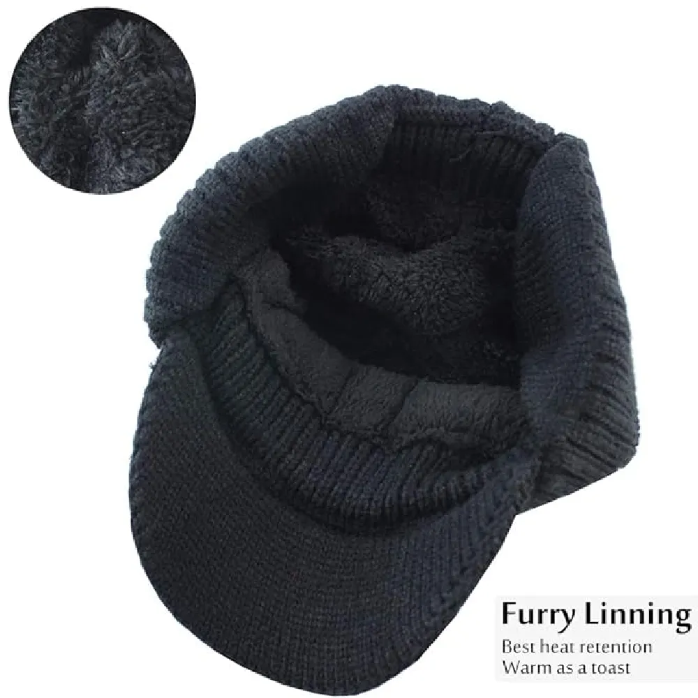 Winter Beanie w/Visor & Earflaps for Men Outdoor Fleece Hat Scarf Set