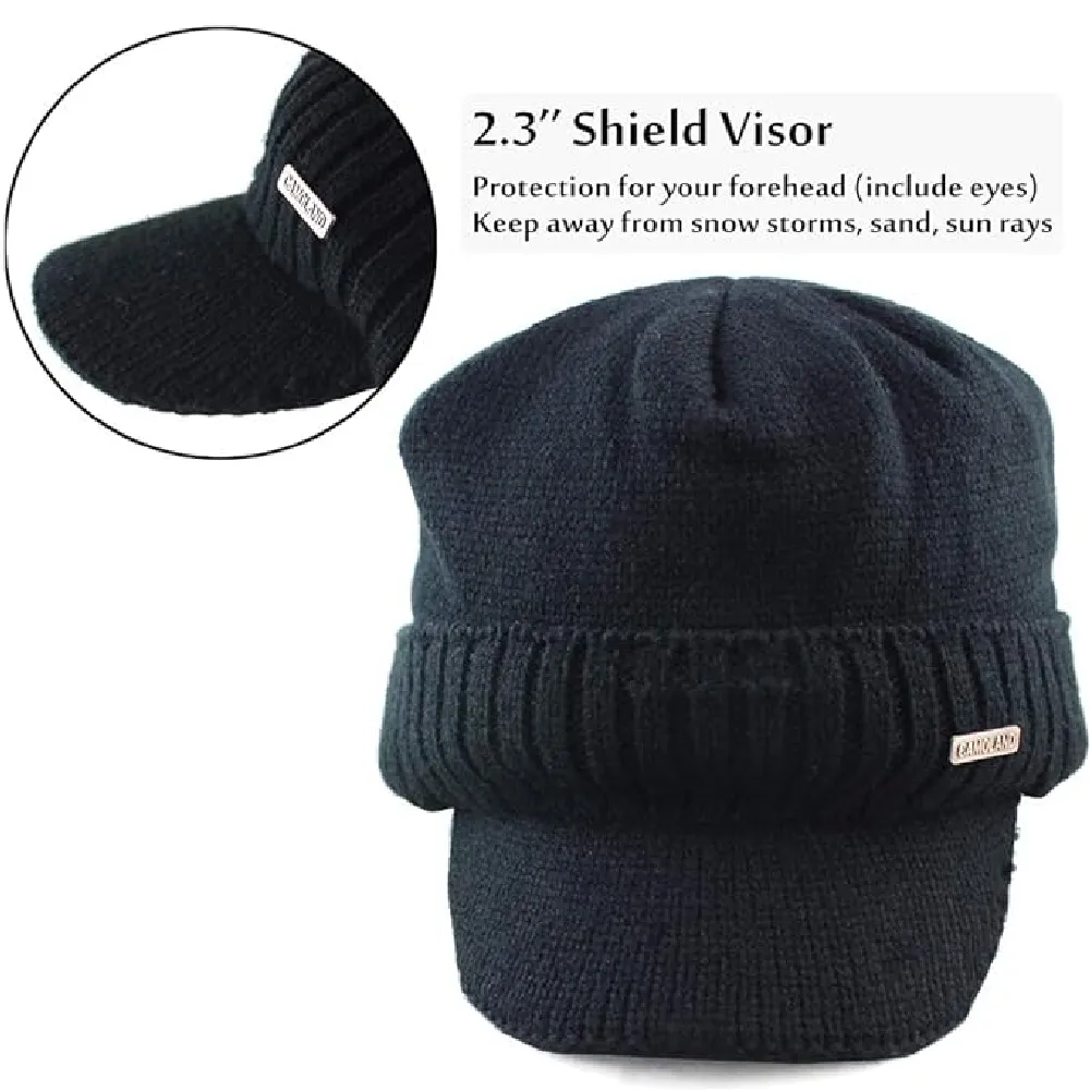 Winter Beanie w/Visor & Earflaps for Men Outdoor Fleece Hat Scarf Set