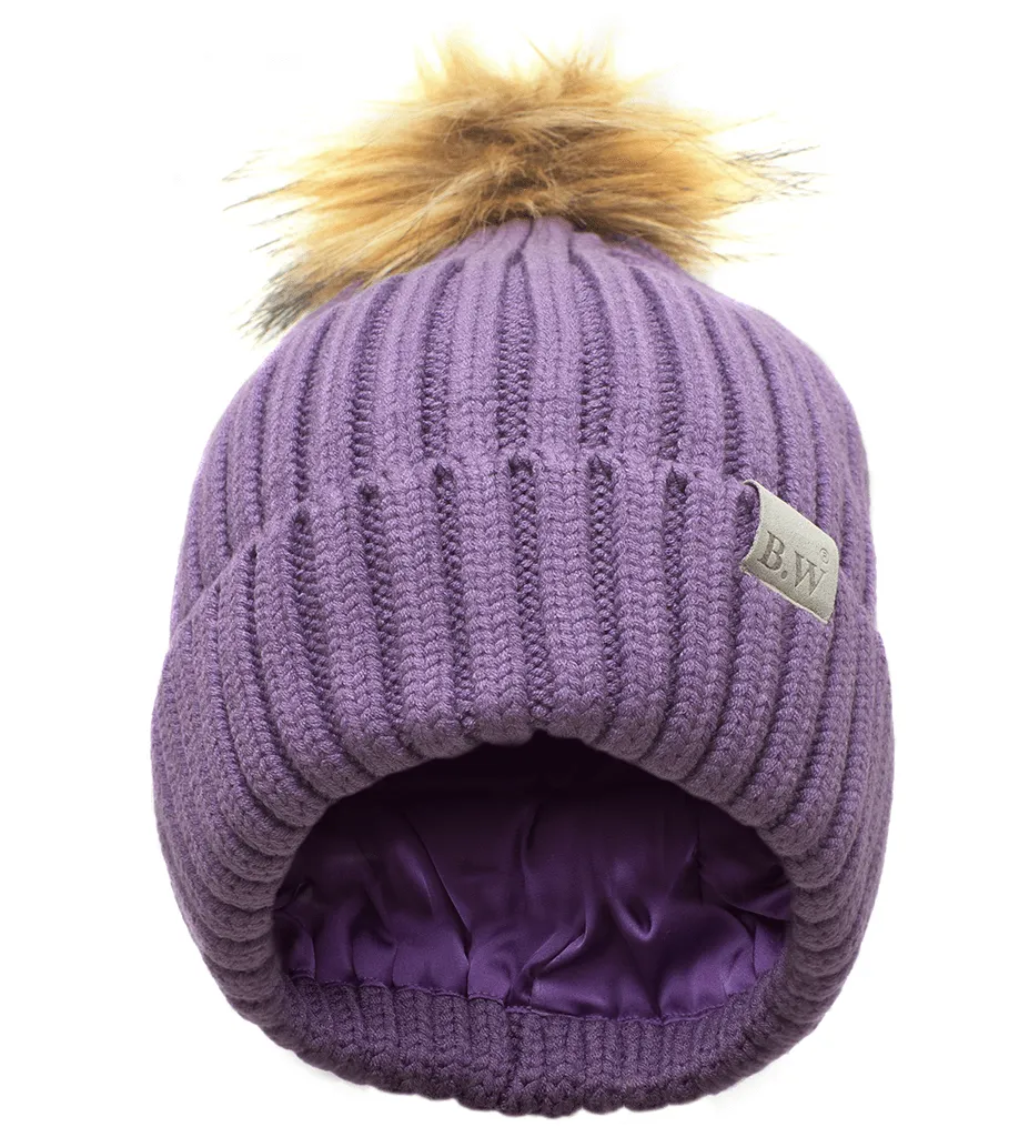 Winter Hat | Satin Lined | Natural Hair | Violet Pom Pom